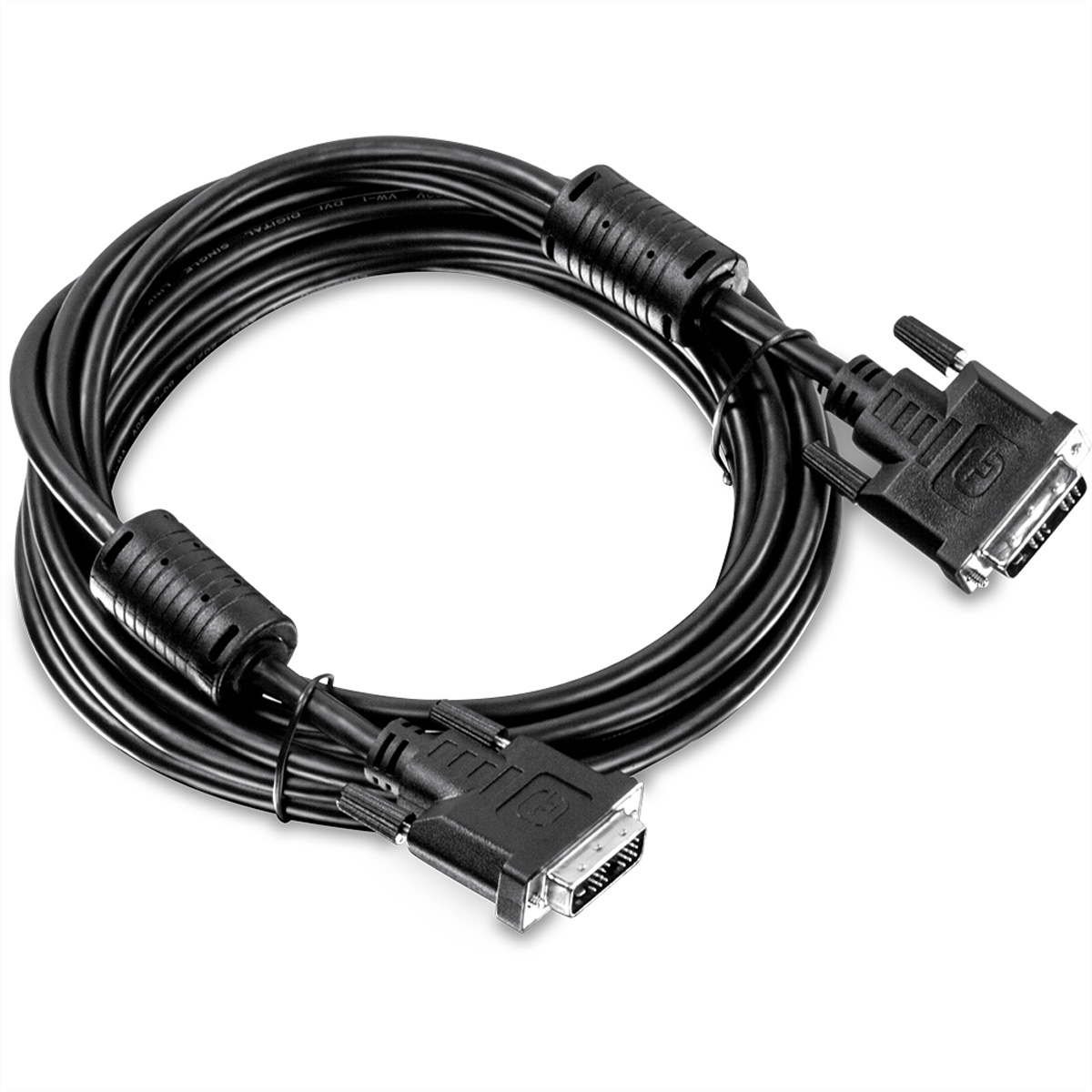 Ein schwarzes DVI-Kabel mit zwei Steckern an jedem Ende, auf einer weißen Oberfläche aufgerollt.