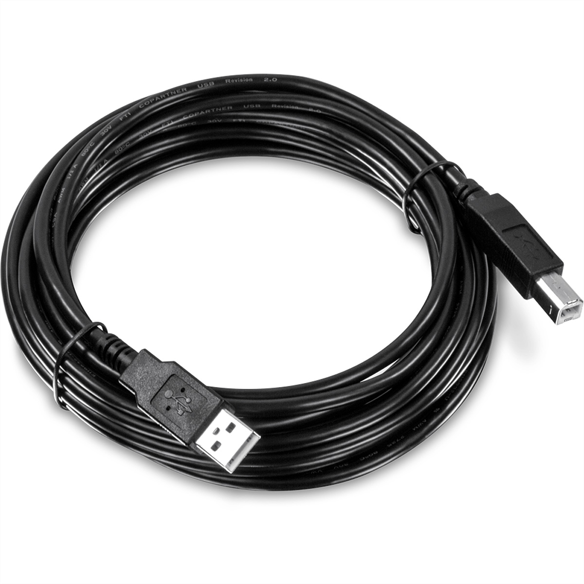 Schwarzes USB-Kabel mit USB-A- und USB-B-Anschlüssen, auf weißem Hintergrund gerollt.