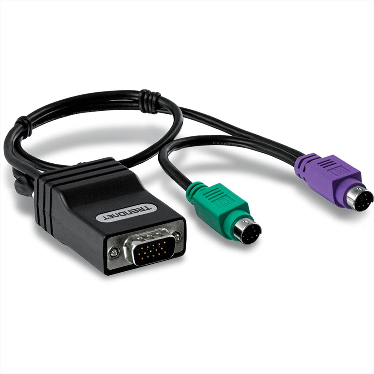 VGA-Kabel mit schwarzem Stecker und grünen und lila PS/2-Anschlüssen auf weißem Hintergrund.