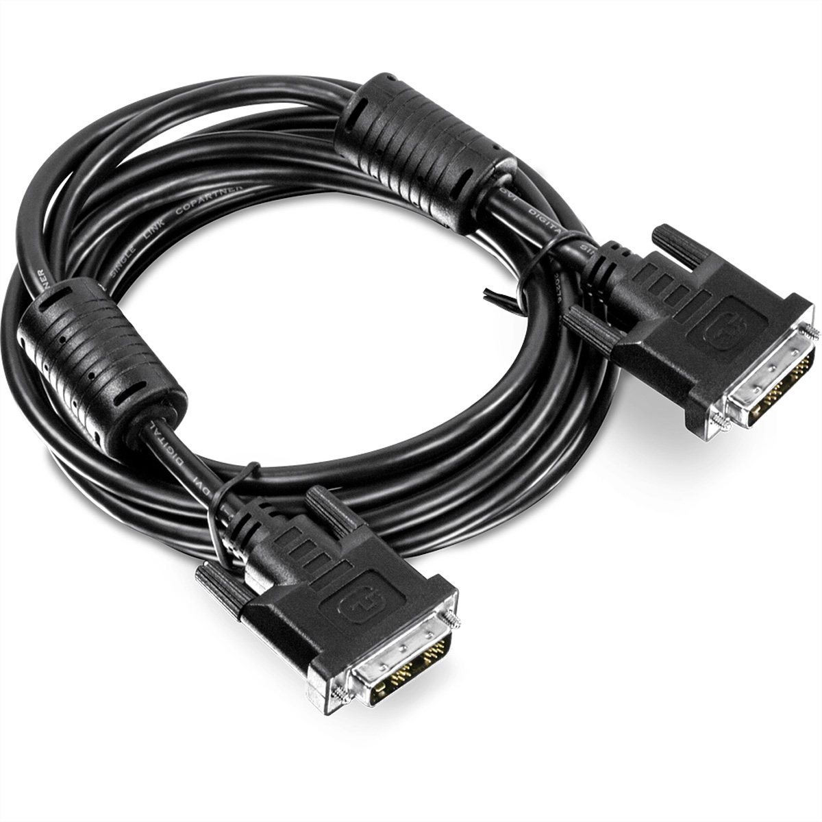 Schwarzes DVI-Kabel mit zwei Anschlüssen. Single-Link digital. Das Kabel ist gebogen.