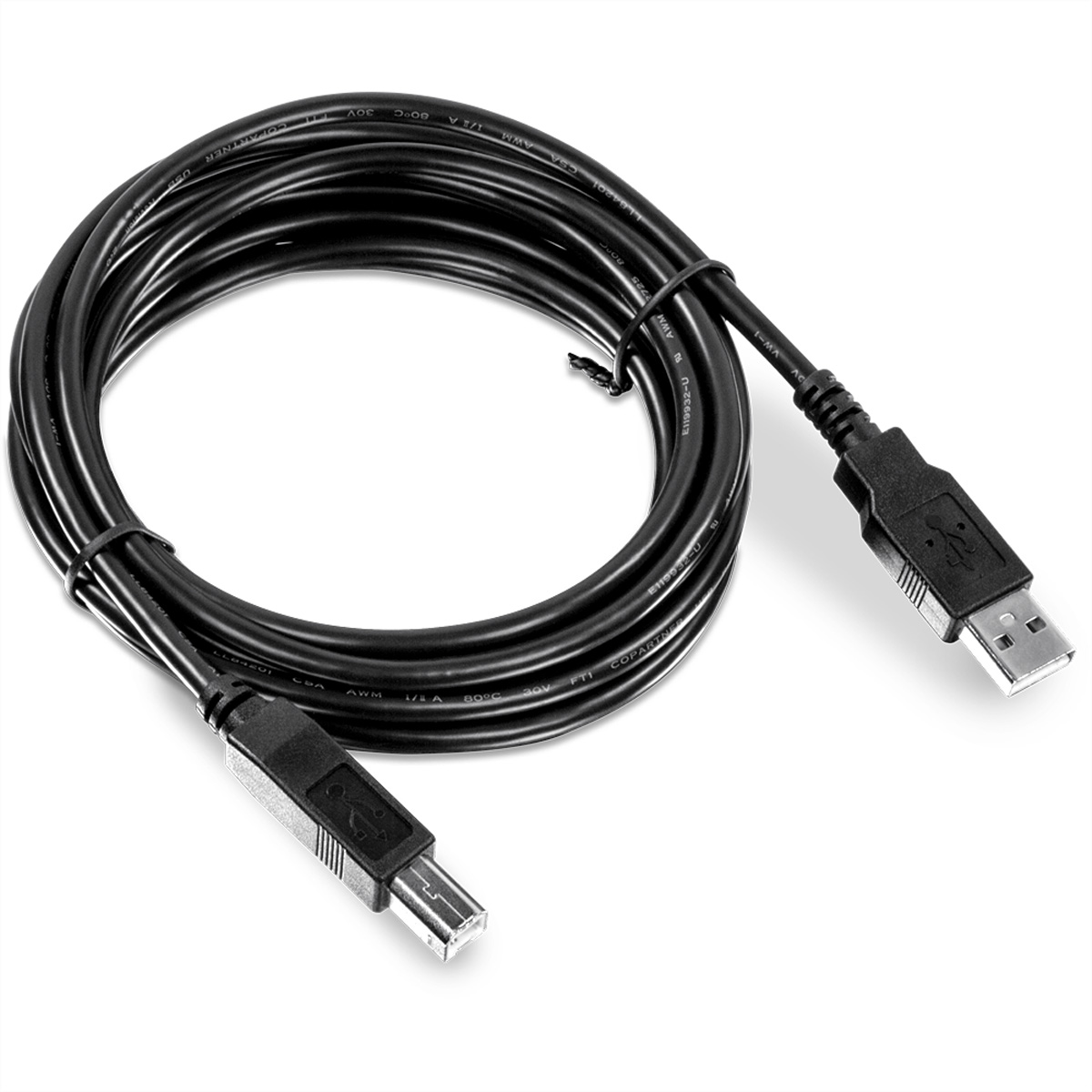 Ein schwarzes USB-Kabel mit zwei USB-Anschlüssen. Weißer Hintergrund.