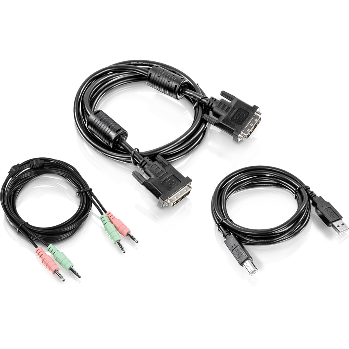 Drei schwarze Kabel, darunter ein DVI-Kabel, ein USB-Kabel und Audiokabel.