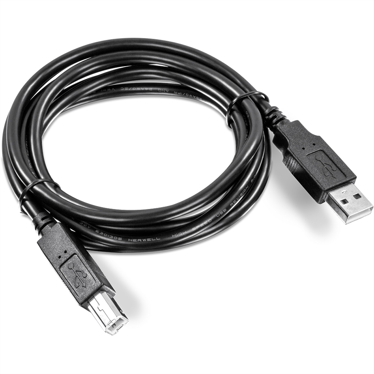 Ein schwarzes USB-Kabel mit Anschlüssen an jedem Ende, auf weißem Hintergrund liegend.