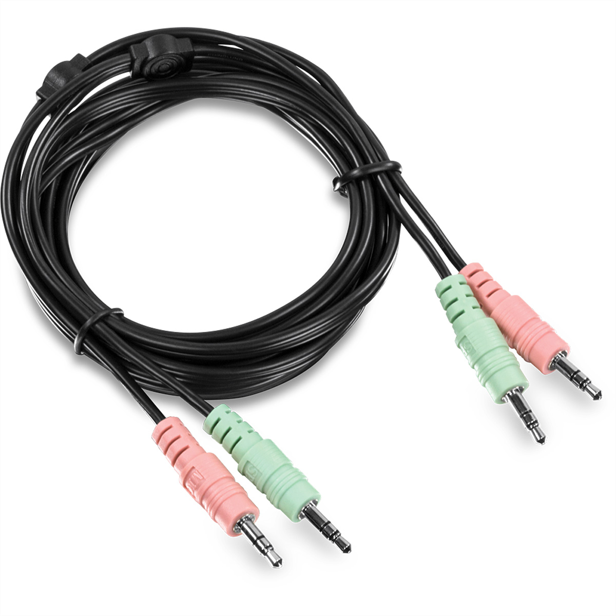 Schwarze Audiokabel mit rosa und grünen Steckern. Sie dienen zum Anschluss an einen PC.