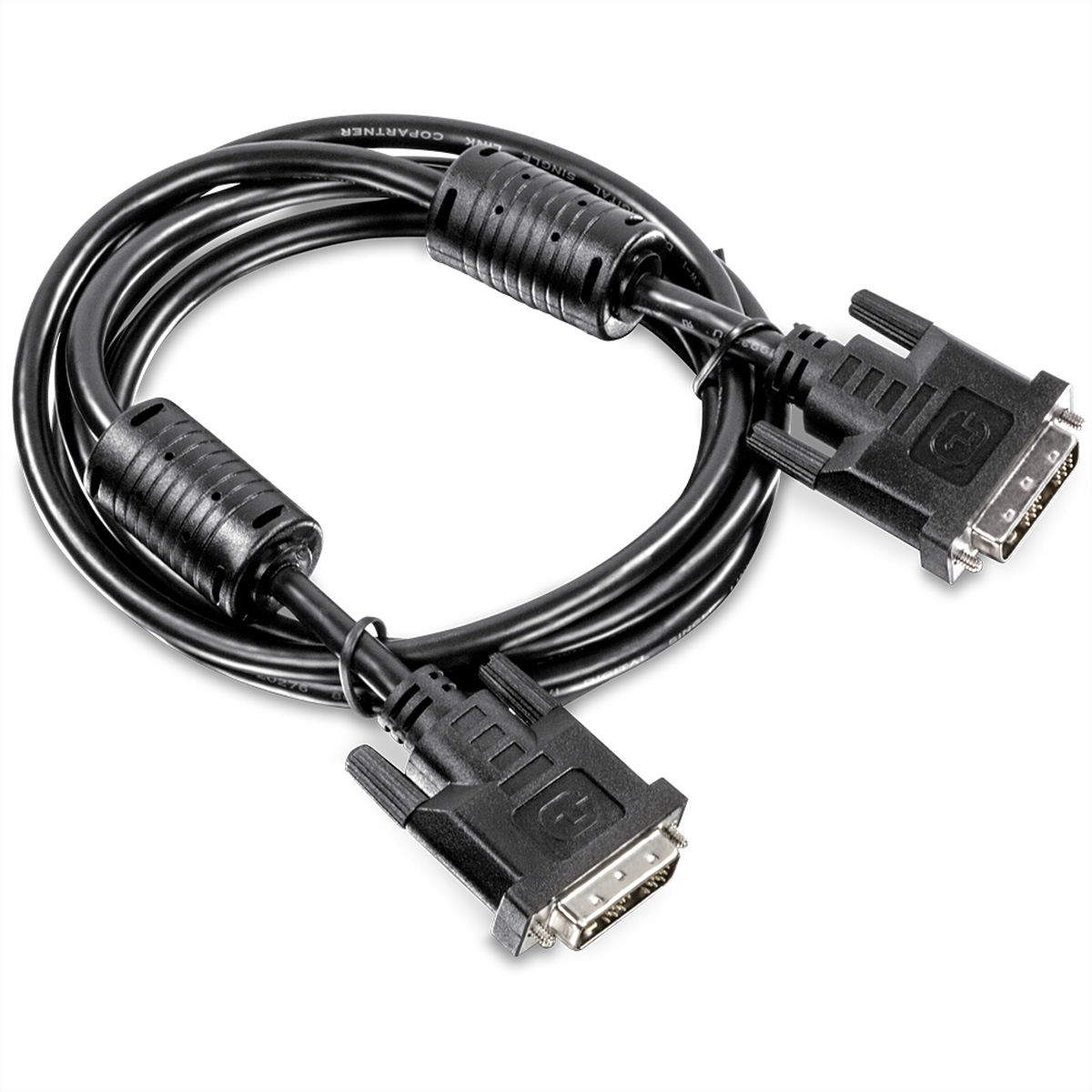 Schwarzes DVI-Kabel mit zwei Steckern und einem schwarzen Kabel.