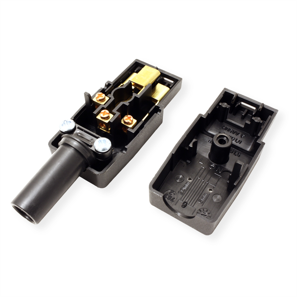 Schwarzer elektrischer Stecker zerlegt. Gold- und Messingkomponenten sichtbar. Weißer Hintergrund.