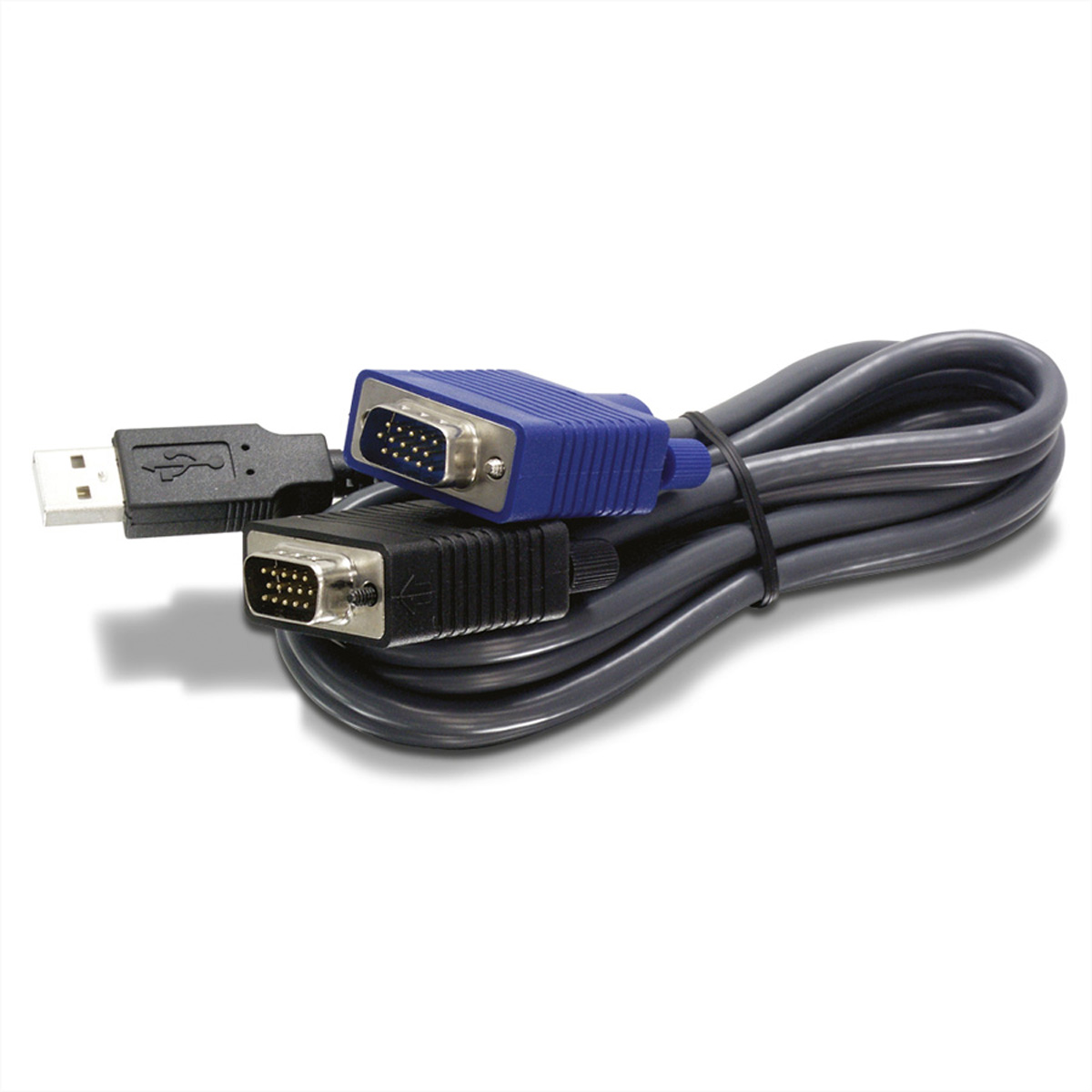 USB- und VGA-Kabel verbunden, liegen auf einer weißen Oberfläche. Ein Kabel ist schwarz, das andere blau.