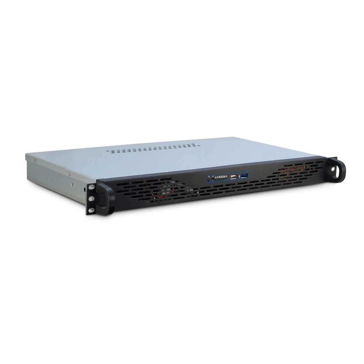 Een grijs serverrack met zwarte handgrepen op een witte achtergrond.
