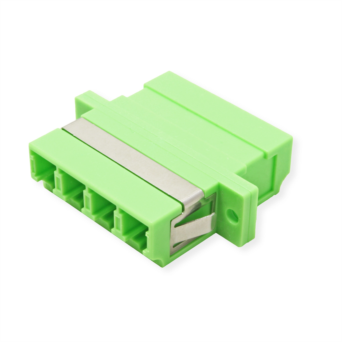 Grüner Stecker mit fünf rechteckigen Schlitzen und Metallclip auf weißem Hintergrund.
