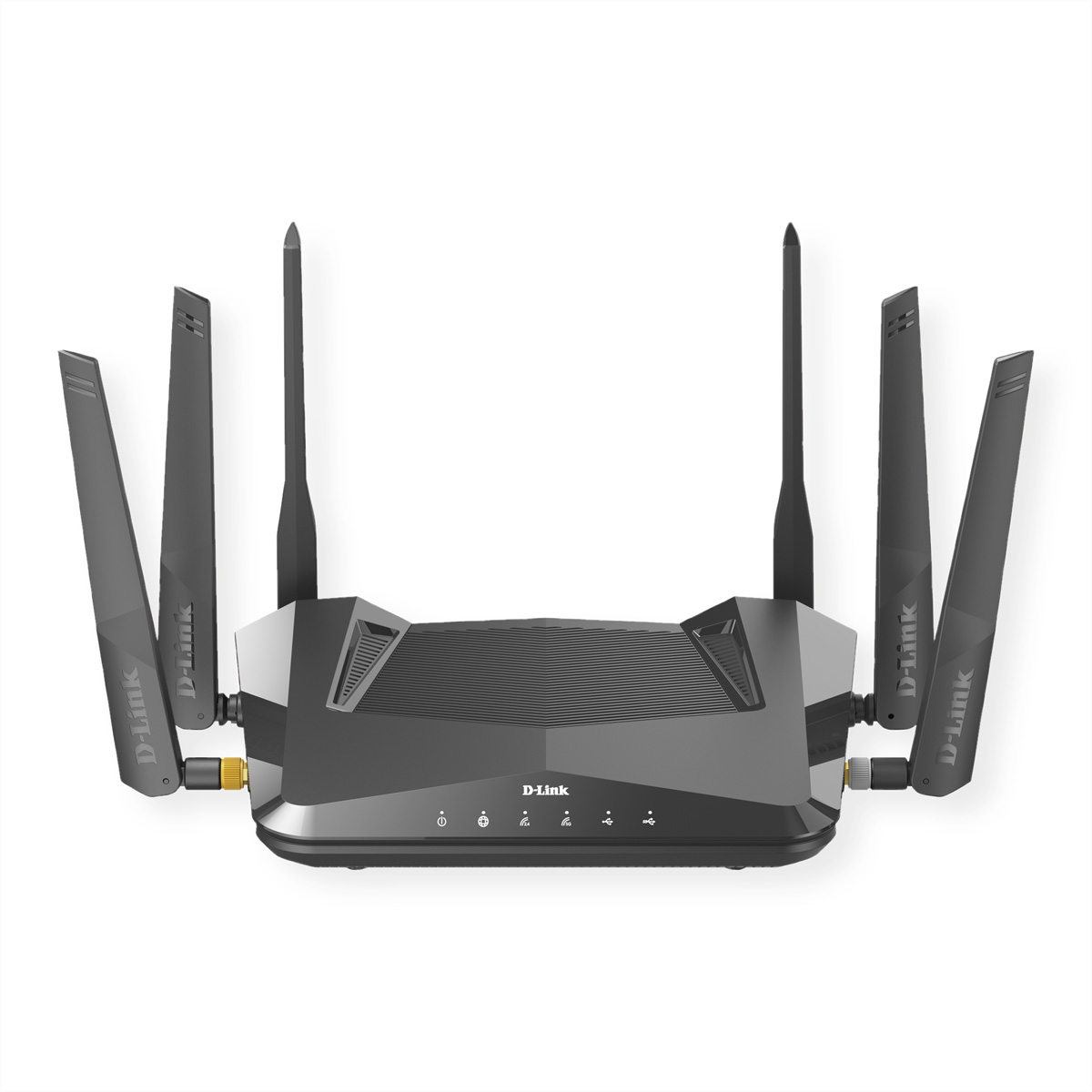 Un router D-Link con sei antenne. È nero e ha diverse spie sulla parte anteriore.