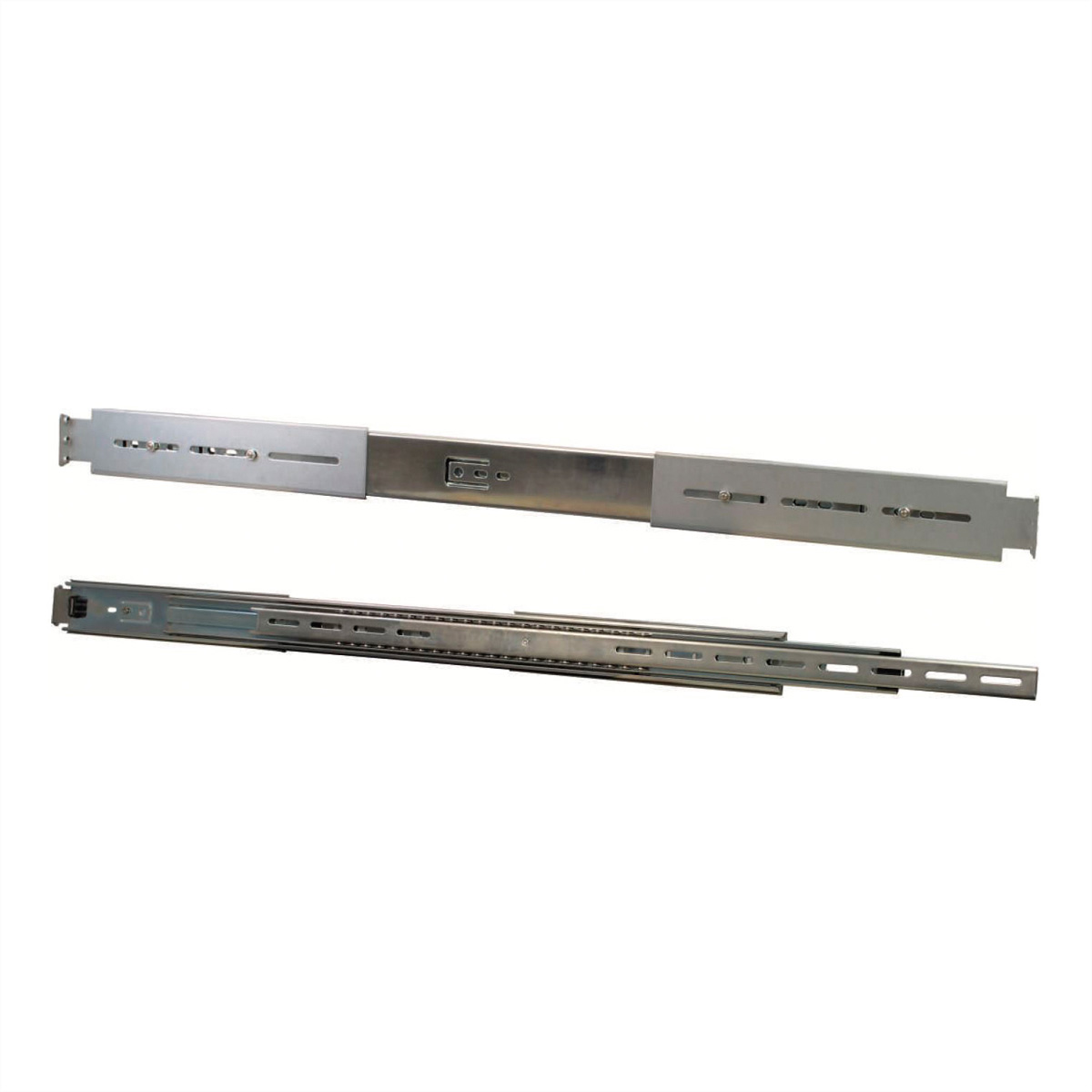 Due guide per rack argentate su sfondo bianco, una estesa.