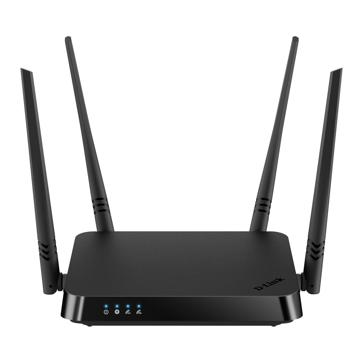 Czarny router D-Link z czterema antenami, czterema lampkami stanu i logo D-Link.
