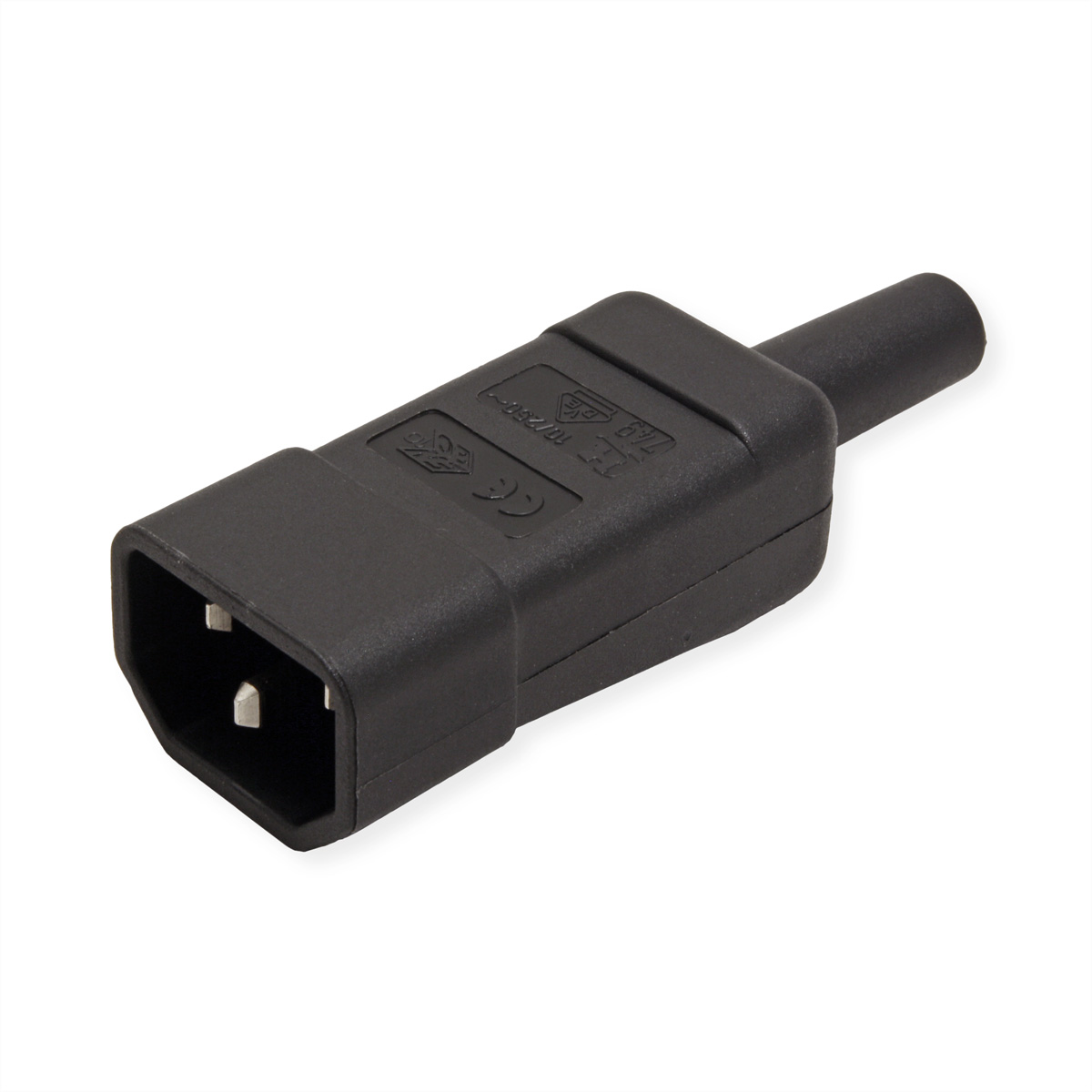 Schwarzer Netzsteckeradapter. Rechteckige Form mit drei Stiften, isoliert auf weißem Hintergrund.