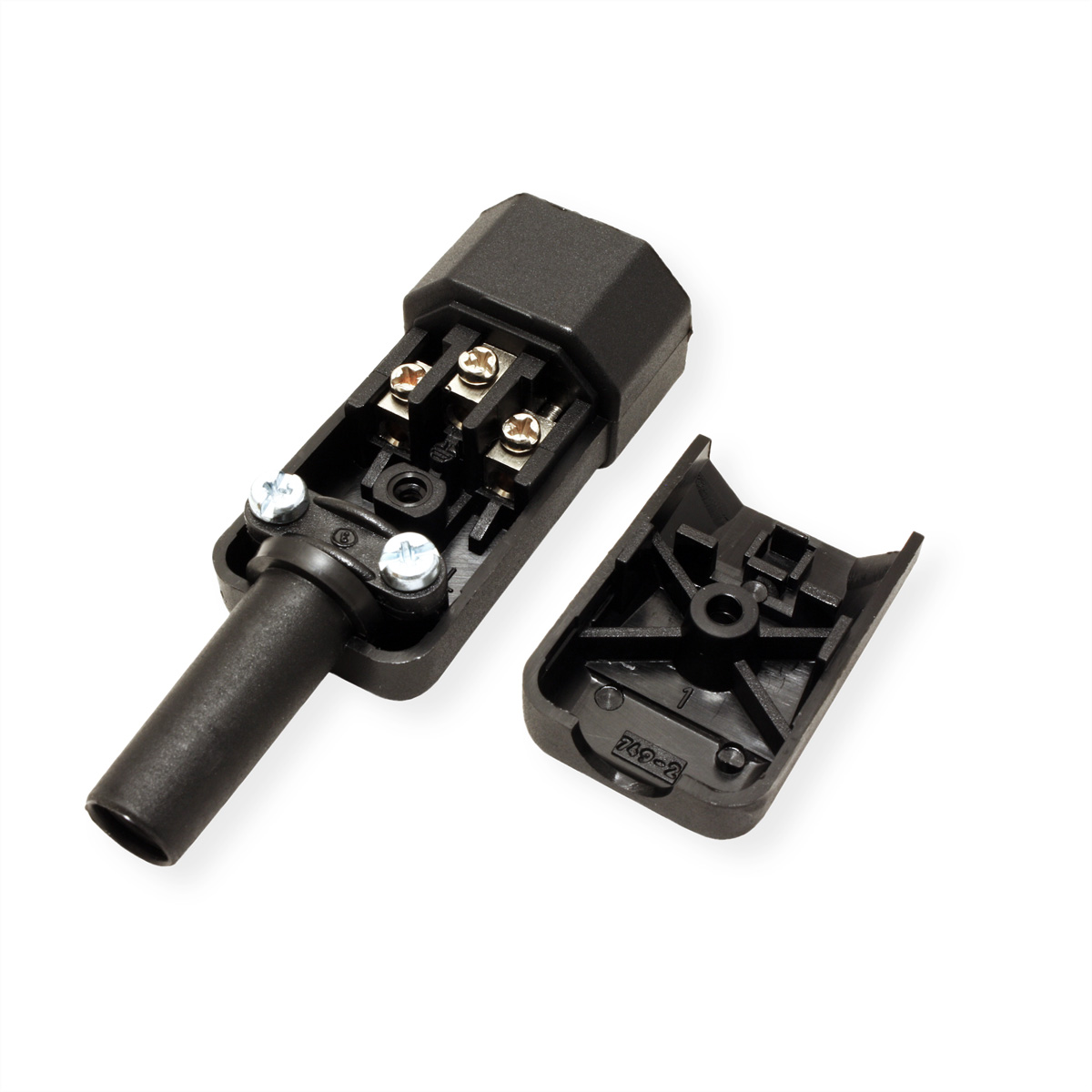 Schwarze elektrische Steckerkomponenten. Der Stecker ist geöffnet und zeigt Klemmen und Schrauben.