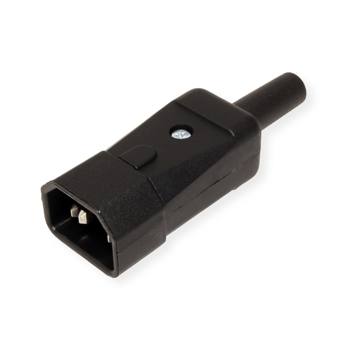 Schwarzer Wechselstromstecker. Er hat drei Stifte.