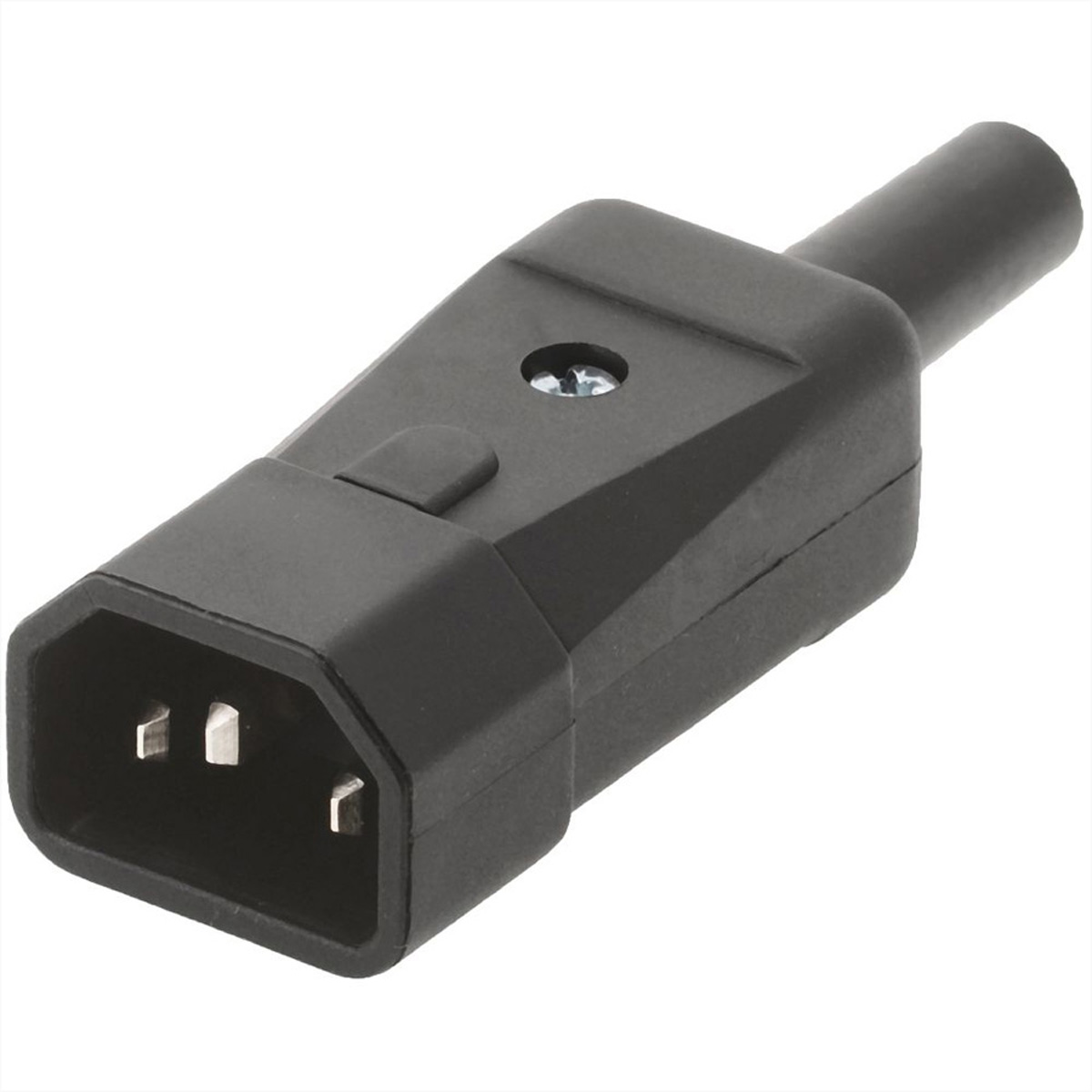 Schwarzer Netzstecker. Nahaufnahme eines schwarzen 3-poligen Netzadapters.