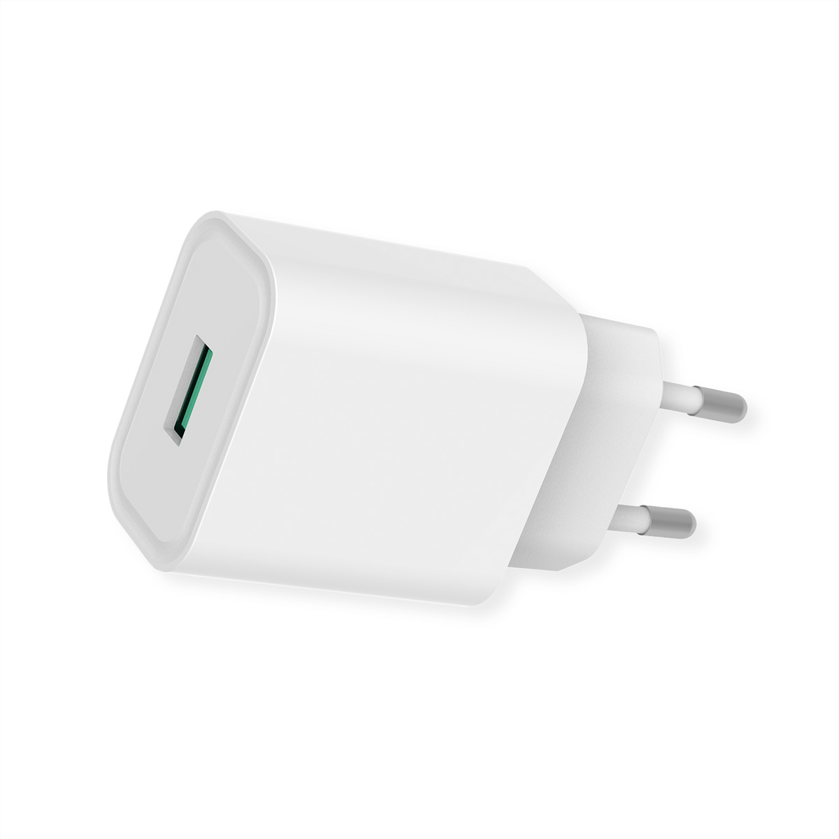 Weißes Telefonladegerät mit grünem USB-Anschluss und silbernen Stiften für die Steckdose.