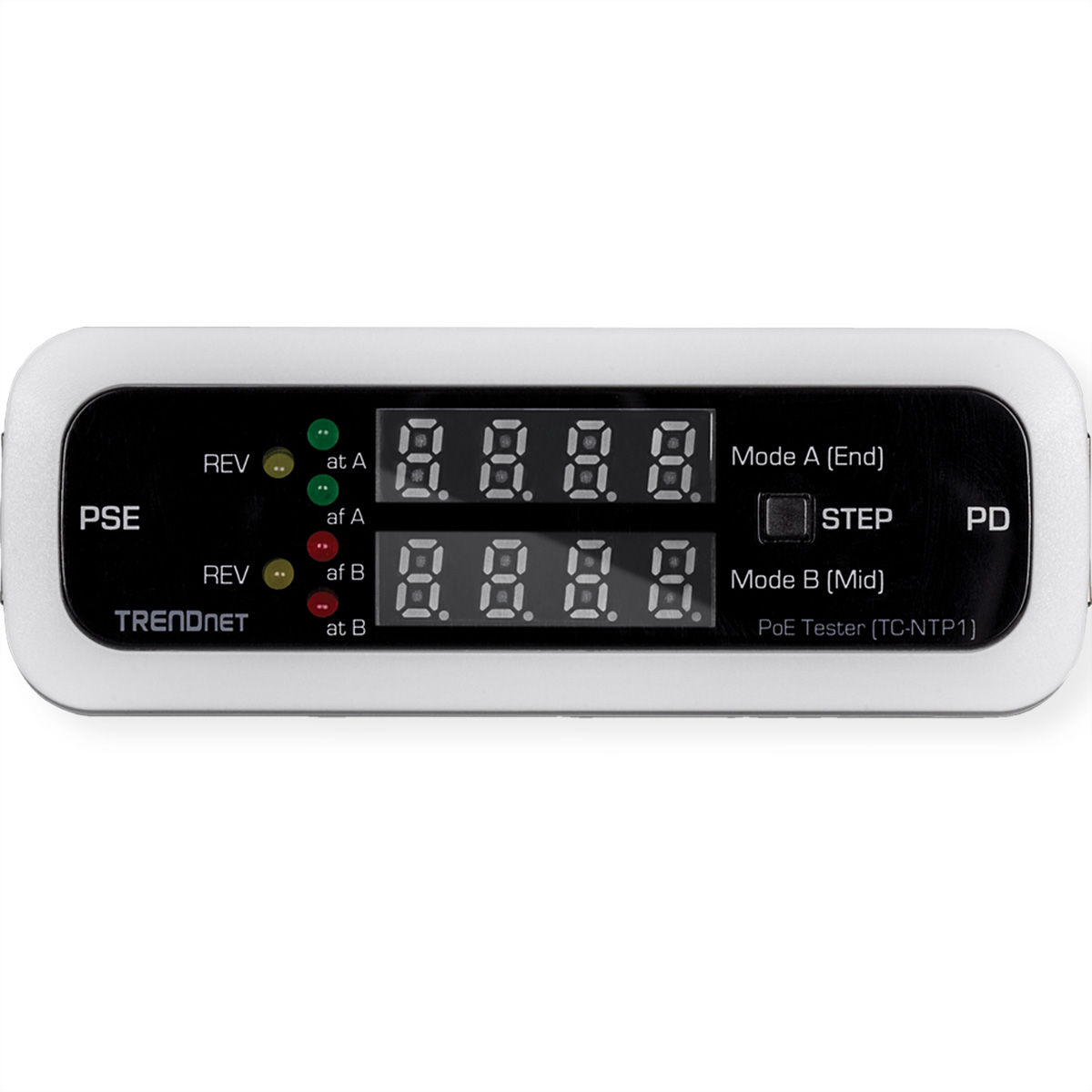 PoE-Tester mit Digitalanzeigen. Das Gerät ist weiß und schwarz mit einem TRENDnet-Logo.