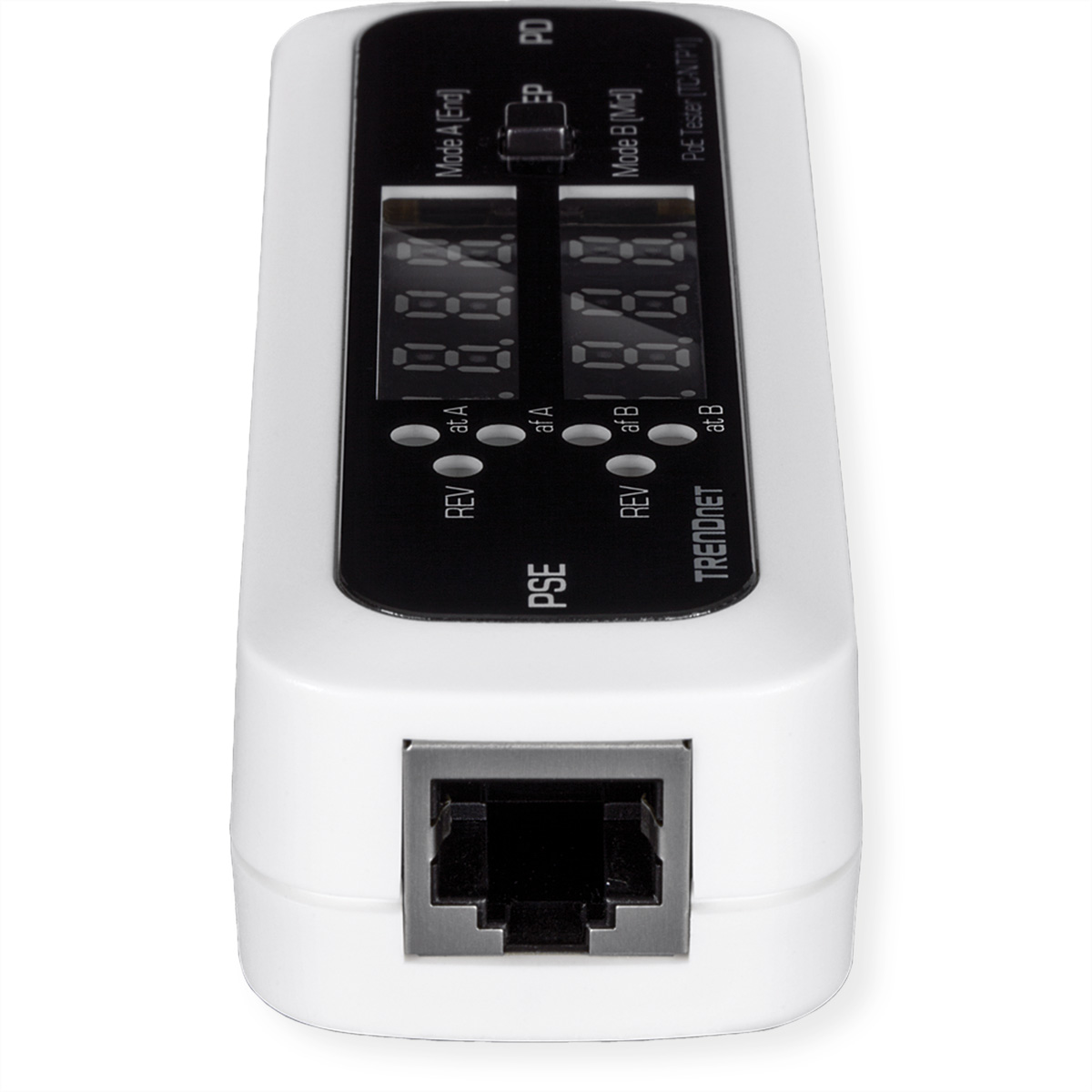 Weißer Power-over-Ethernet-Tester mit Digitalanzeigen und Netzwerkanschluss.