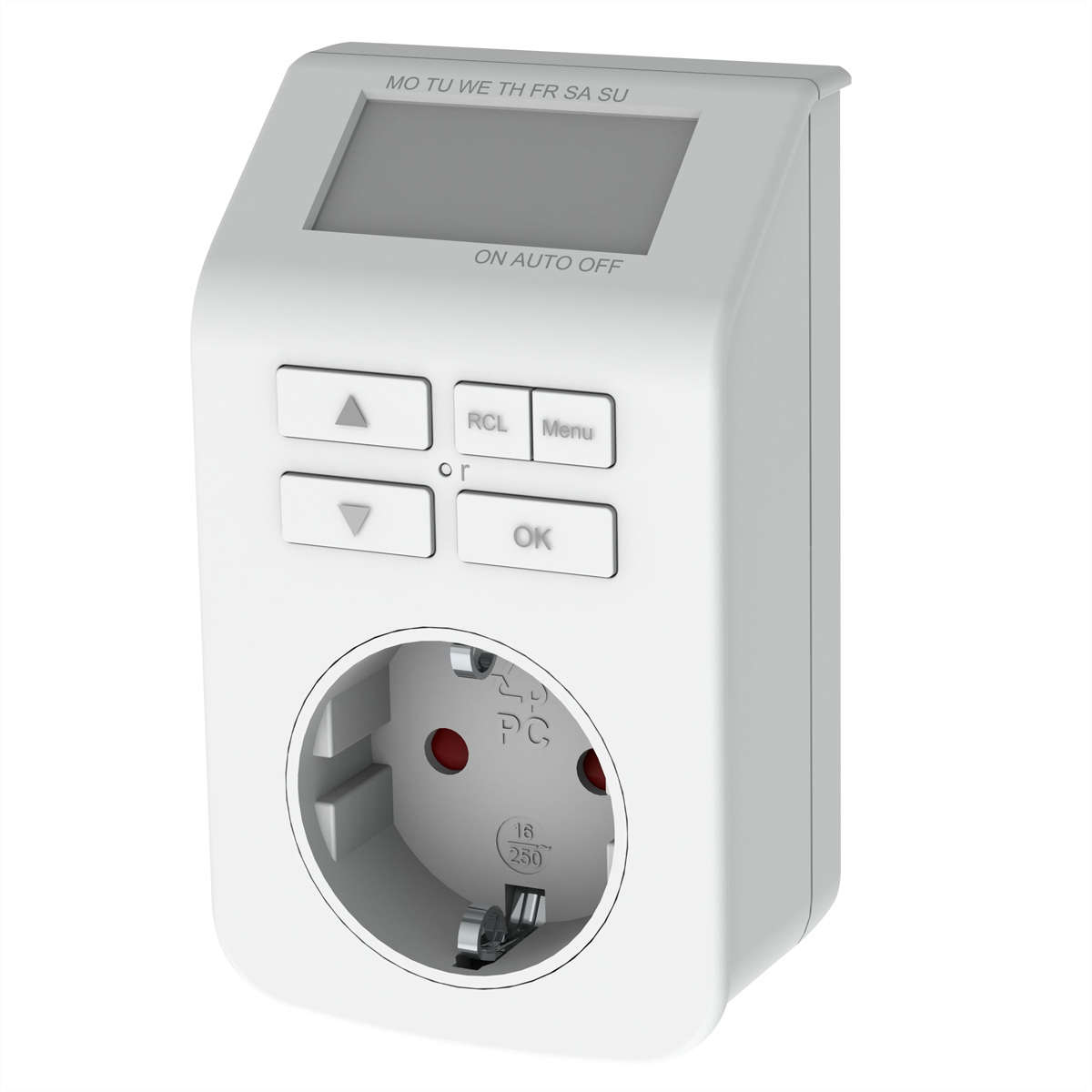 Weißer Smart Plug auf weißem Hintergrund. Hat Bildschirm und Knöpfe. Hat Steckdose.