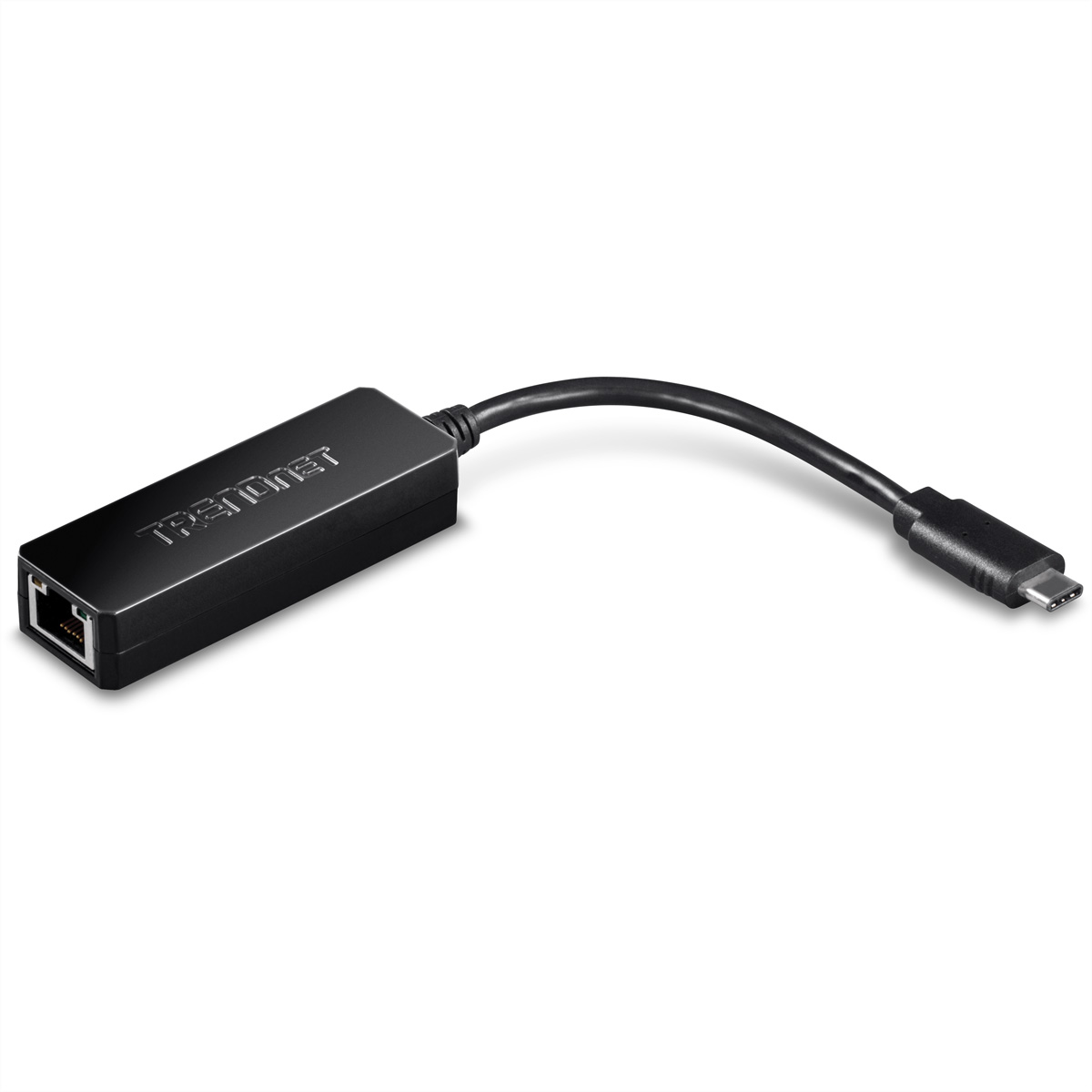 Schwarzer TRENDnet-Adapter. Es ist ein kleines, rechteckiges Gerät mit Ethernet-Anschluss und USB-C-Anschluss.