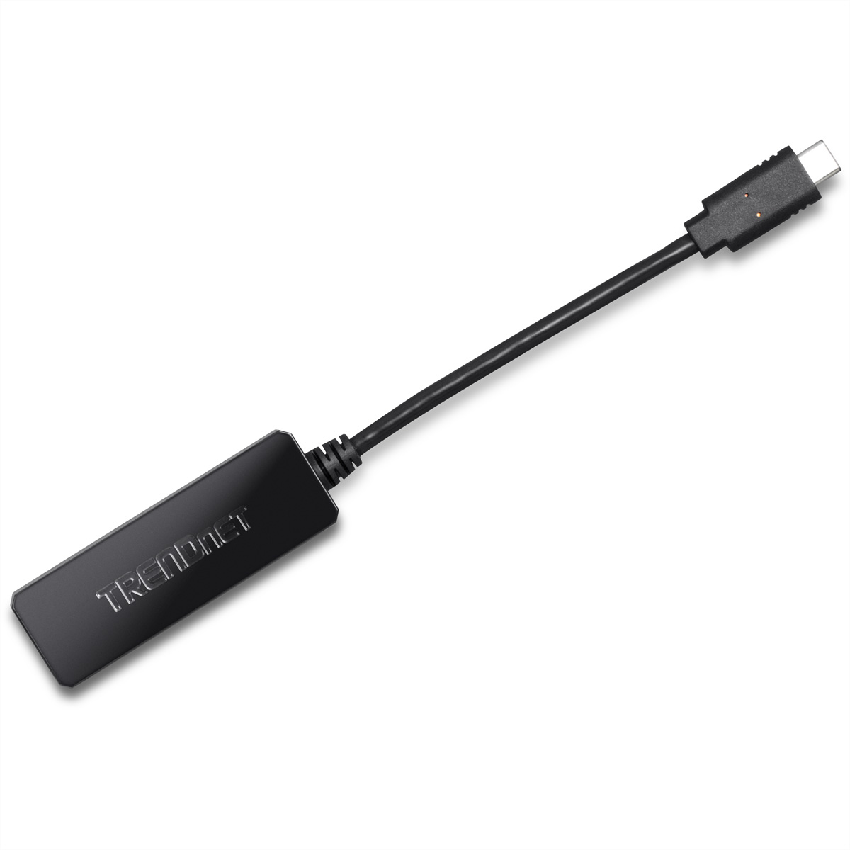 Schwarzer USB-C-zu-USB-Adapter mit dem 'TRENDNET'-Logo auf weißem Hintergrund.