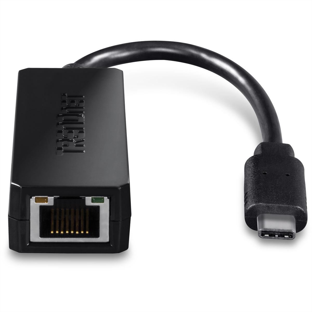 Ein schwarzer USB-C-zu-Ethernet-Adapter mit Kabel.