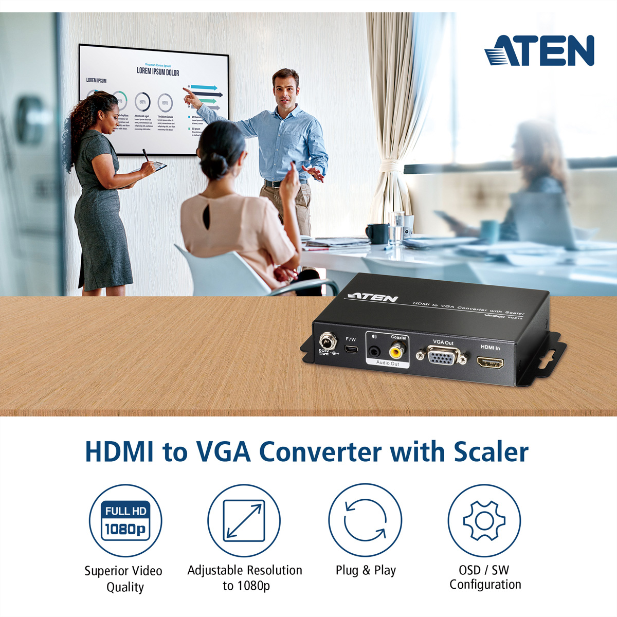 VGA VC812 HDMI zu mit Adapter ATEN HDMI-VGA Konverter Skalierfunktion