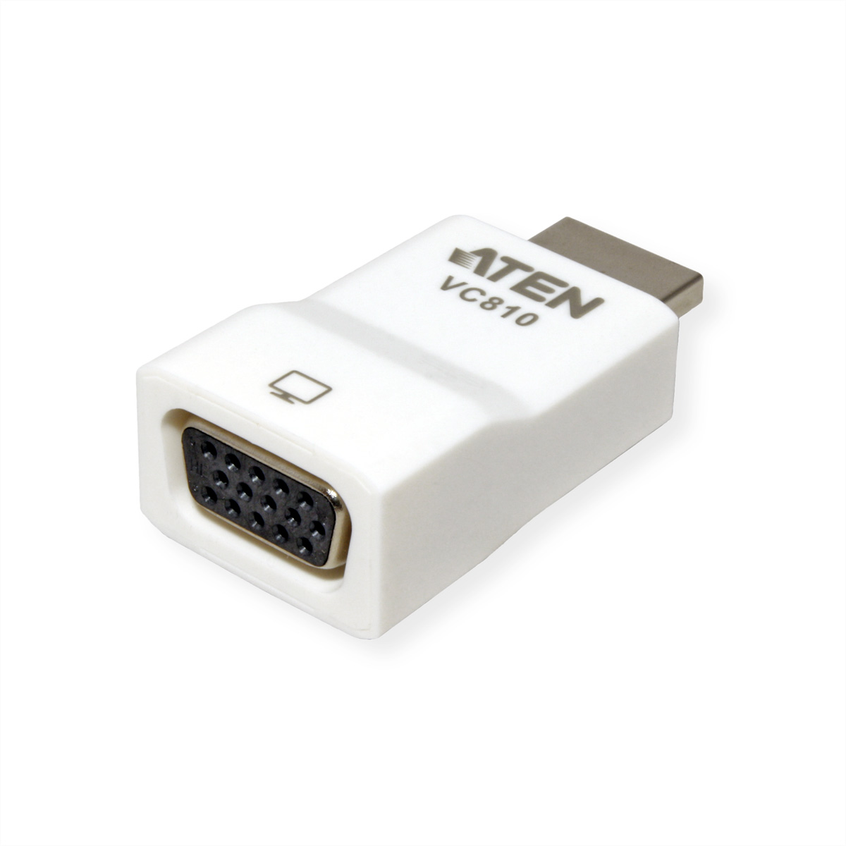 Ein weißer VGA-zu-HDMI-Adapter mit den Wörtern 'ATEN' und 'VC810'.