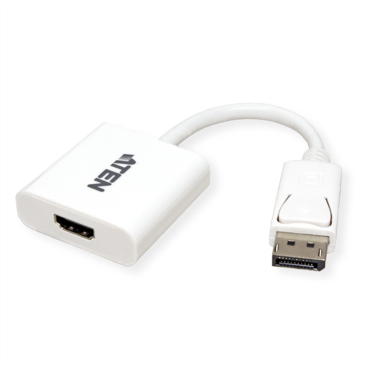 Ein weißes HDMI-zu-DisplayPort-Adapterkabel auf weißem Hintergrund. Das Kabel ist gekrümmt.