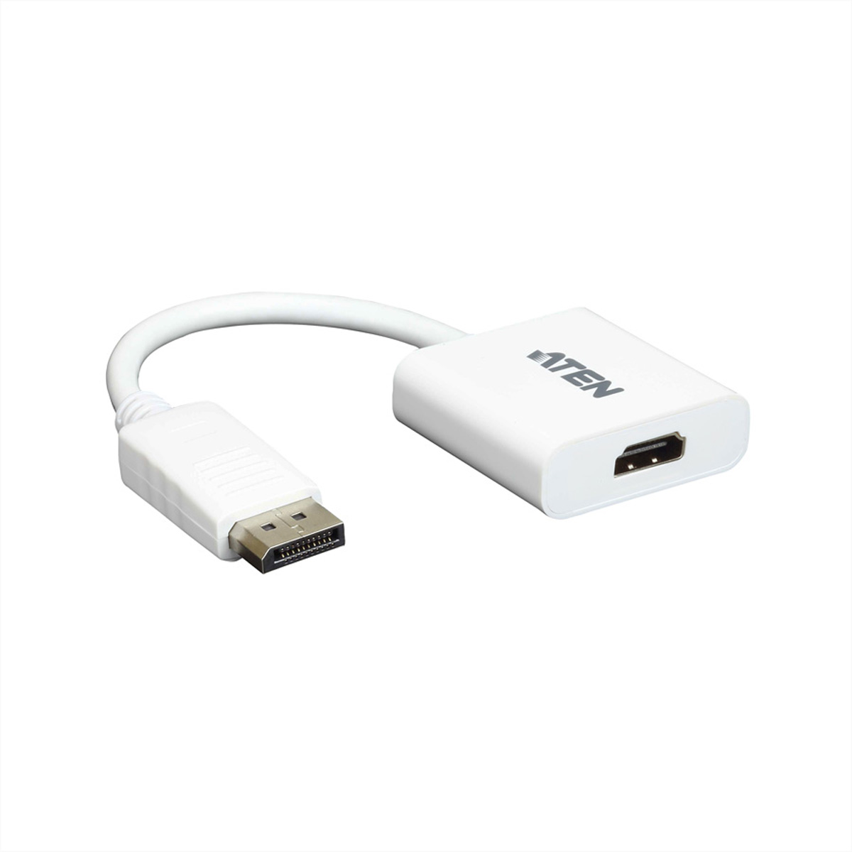 Weißer Adapter mit DisplayPort- und HDMI-Anschlüssen. Er hat die Marke ATEN. Der Hintergrund ist weiß.