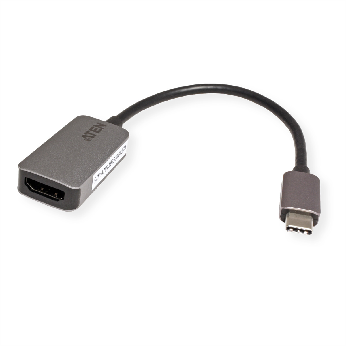 Un cavo adattatore HDMI a USB-C grigio, angolato, su sfondo bianco.