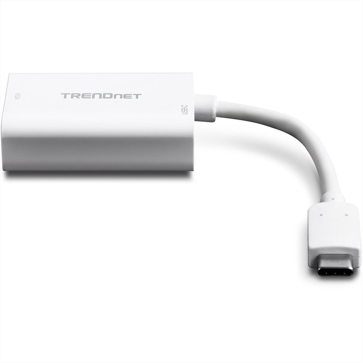 Biały adapter TRENDnet ze złączem USB-C i portem VGA. Białe tło.