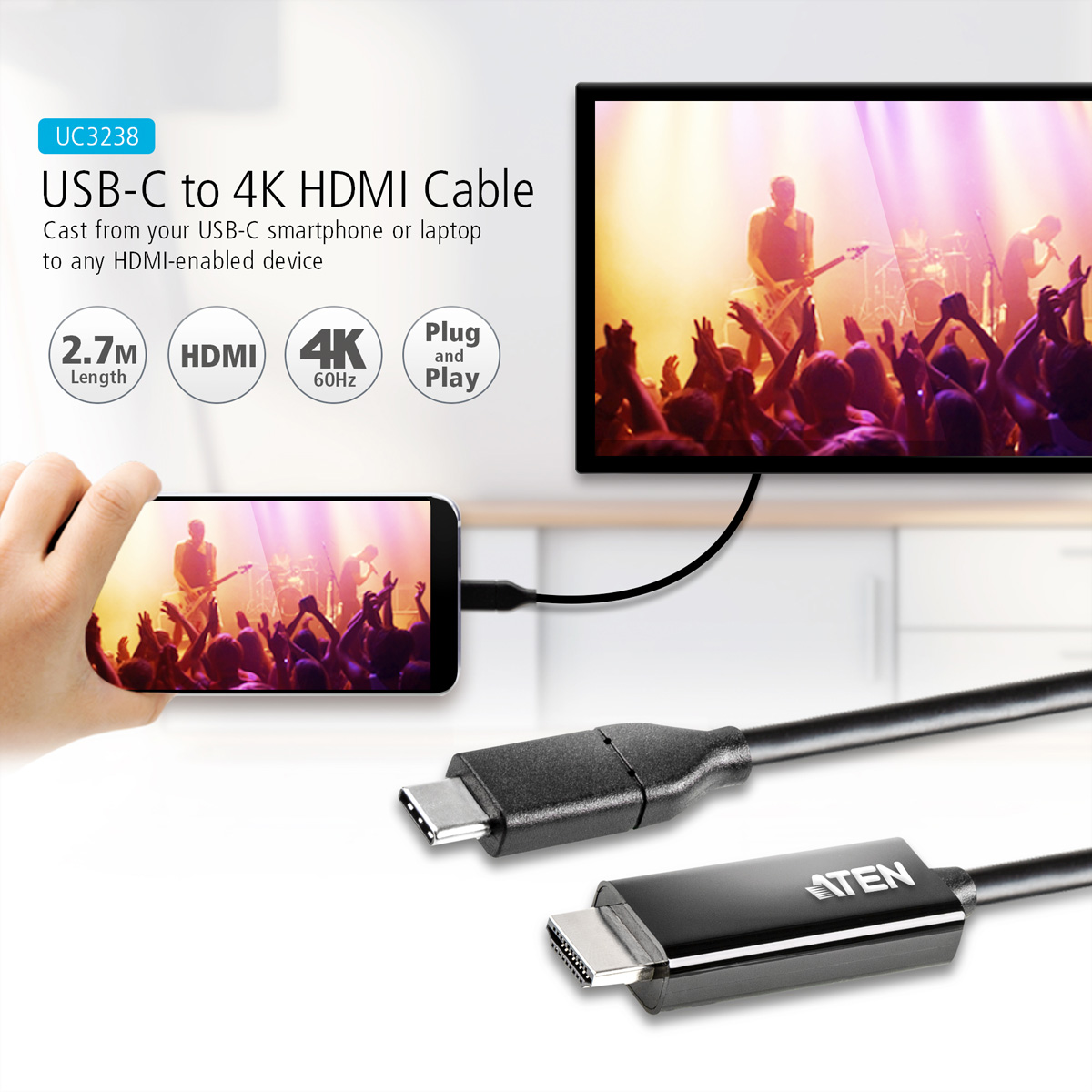 USB-C-zu-HDMI-Kabel mit Smartphone und TV, die ein Konzert zeigen.
