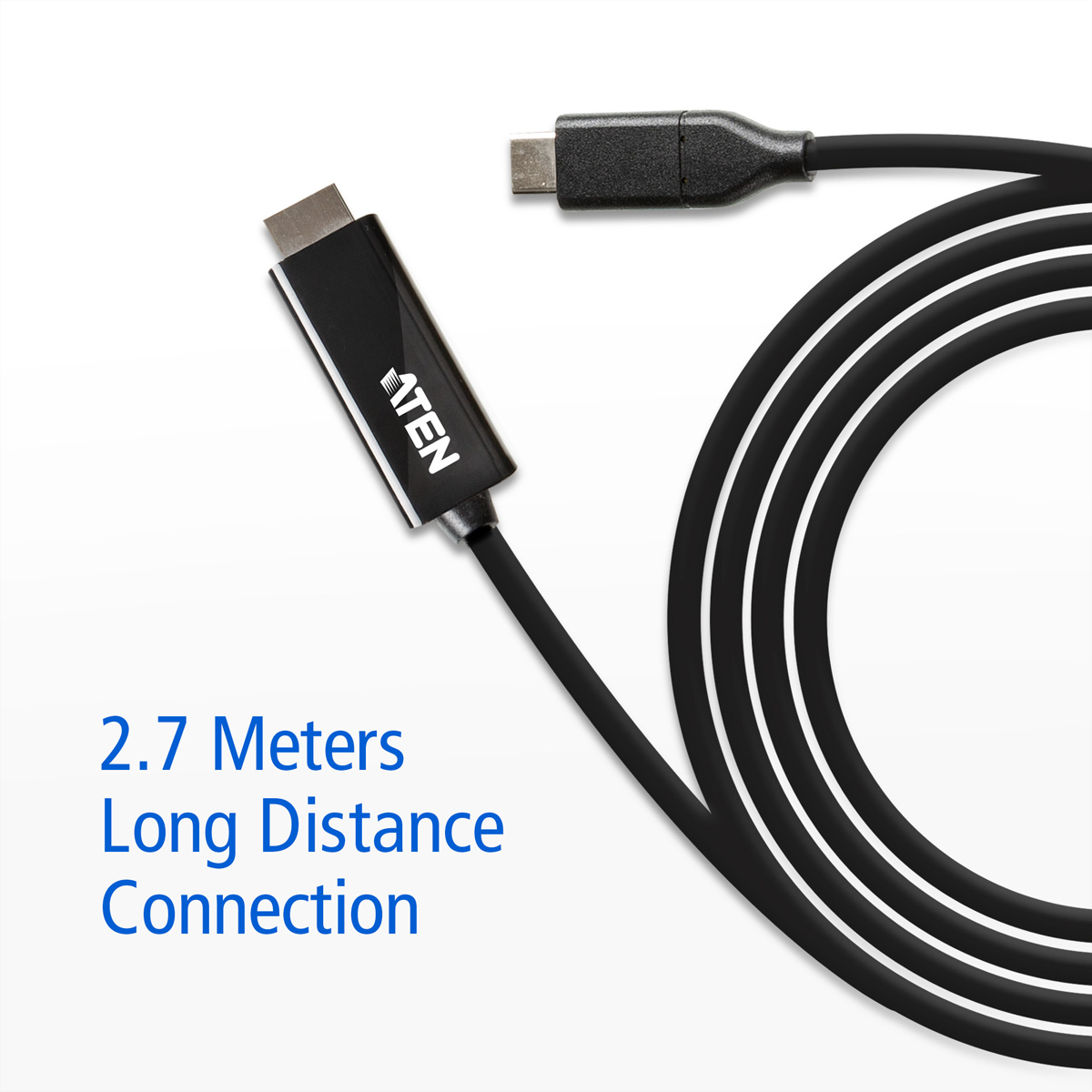 Ein schwarzes HDMI-Kabel mit USB-C-Anschluss und Text, der auf eine 2,7 Meter lange Distanzverbindung hinweist.