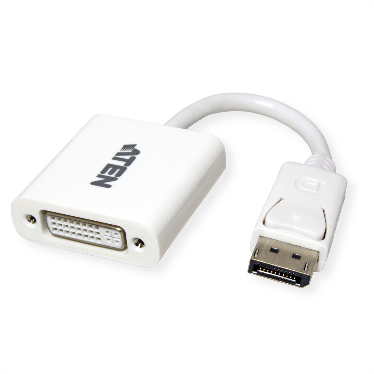 Weißer Adapter mit DVI- und DisplayPort-Anschlüssen. Das ATEN-Logo ist sichtbar.