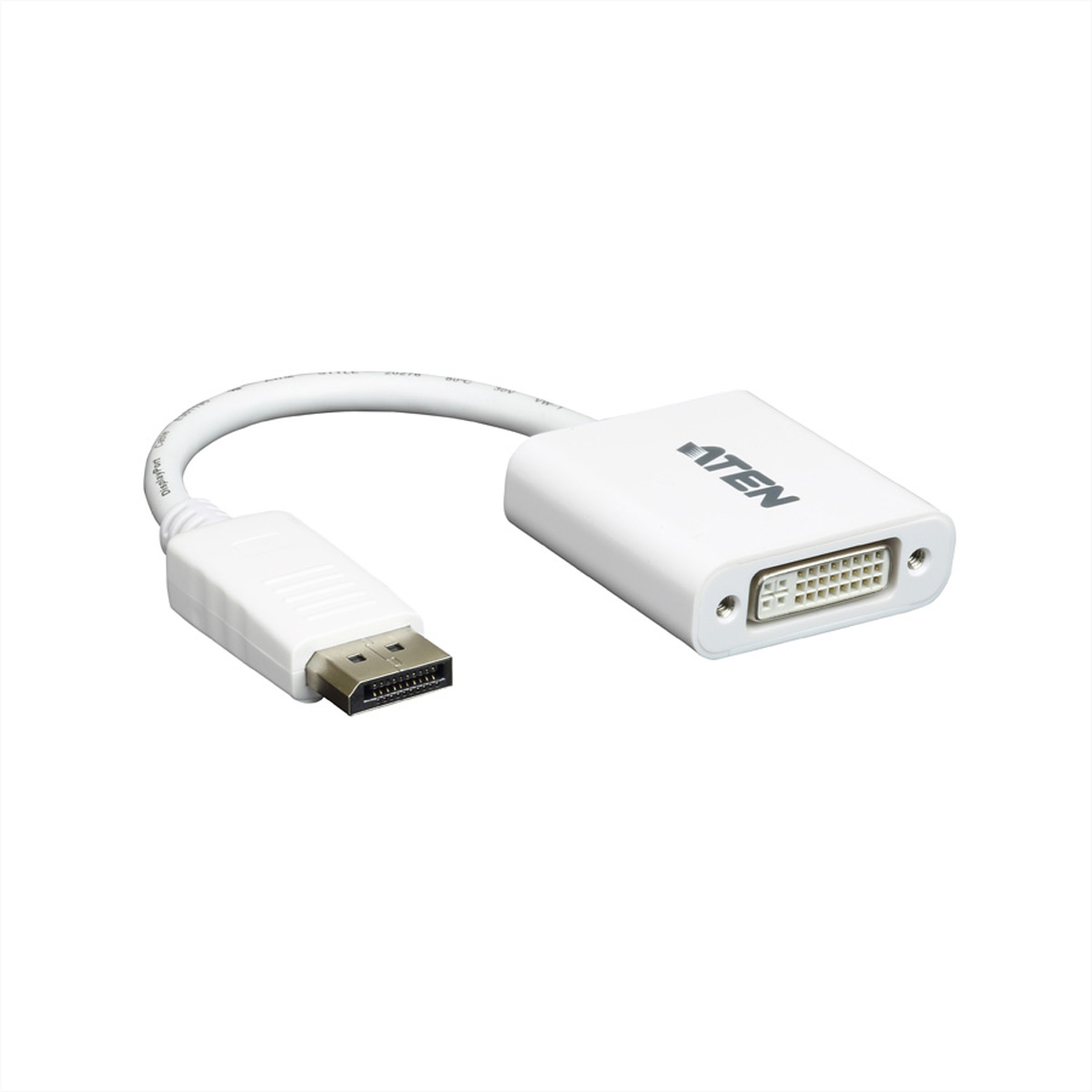 Weißes DisplayPort-zu-DVI-Adapterkabel mit ATEN-Branding.
