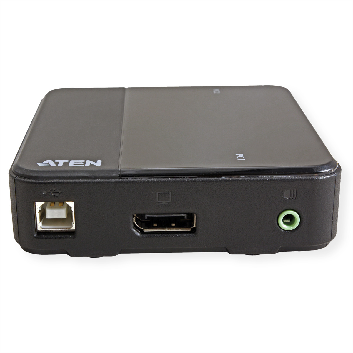 Schwarzes ATEN-Gerät mit USB-, HDMI- und Audioanschlüssen, isoliert auf Weiß.