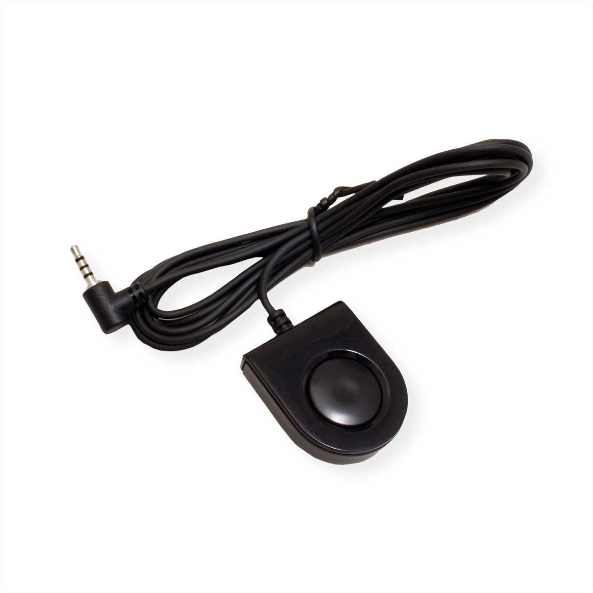 Schwarzes Kabel mit Knopf und 3,5-mm-Klinke. Es ist eine Fernbedienung für ein Gerät, möglicherweise eine Kamera.