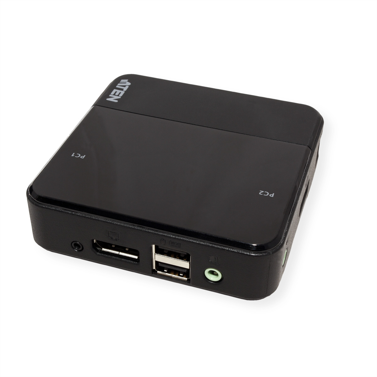 Ein schwarzes quadratisches Gerät mit USB-Anschlüssen und einer Audiobuchse. Oben steht die Marke ATEN.