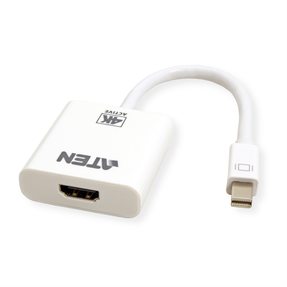 Weißer Adapter mit 'ATEN'- und '4K ACTIVE'-Etiketten, mit HDMI- und Mini-Display-Port.