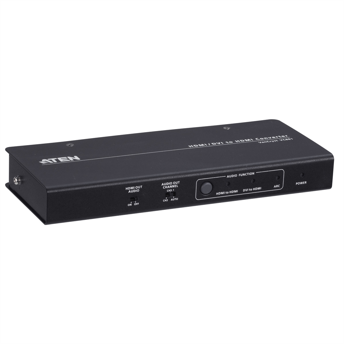 Schwarzer HDMI-zu-HDMI-Konverter mit Anschlüssen und Knöpfen. Weißer Hintergrund.