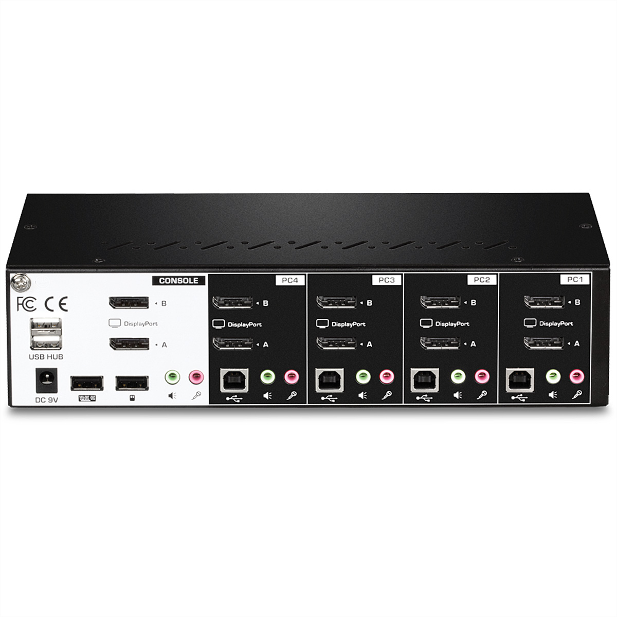 Schwarzes Gerät mit Anschlüssen, Beschriftungen. USB-Hub und DC-Eingang.