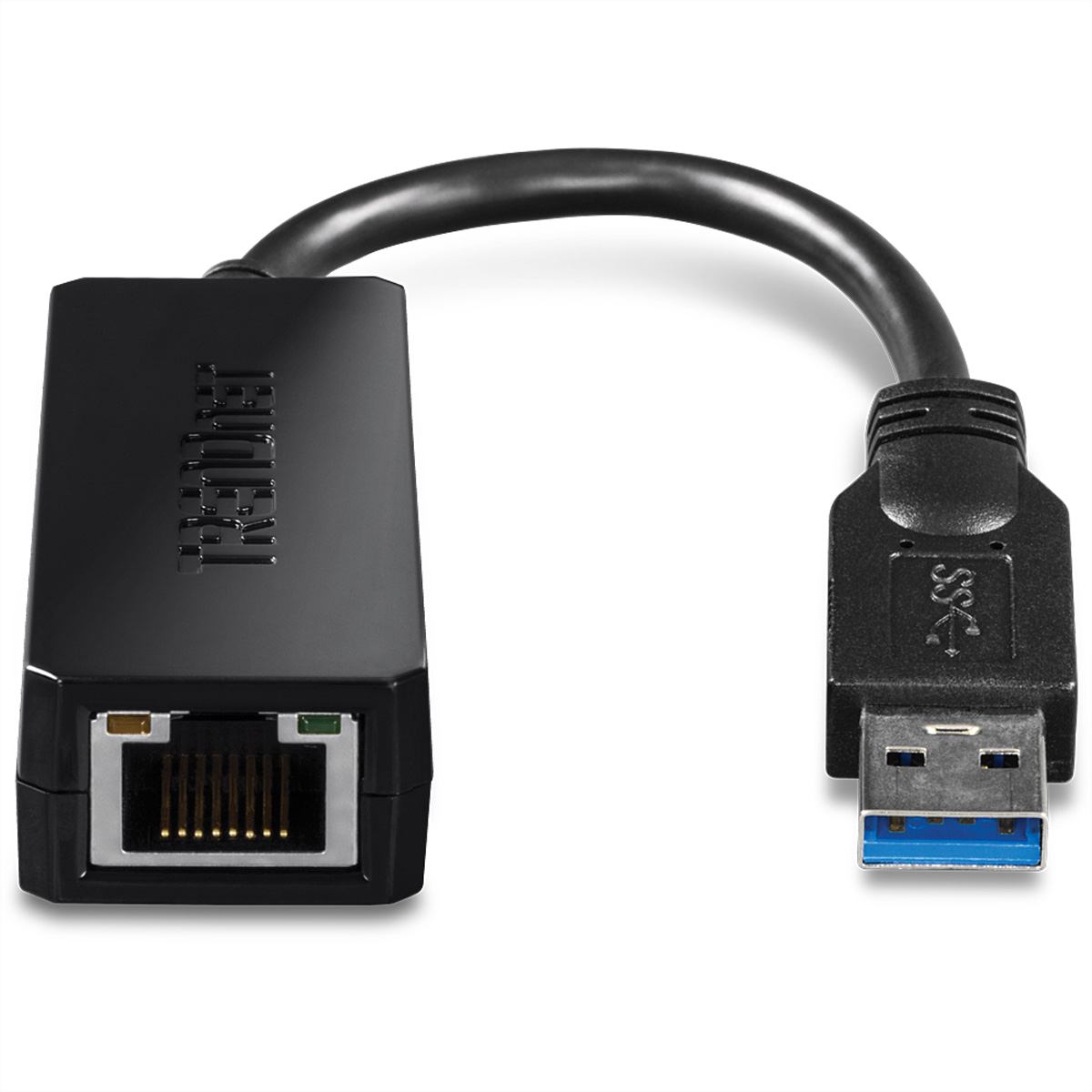 Schwarzer USB-zu-Ethernet-Adapter. Er hat einen USB- und einen RJ45-Anschluss.