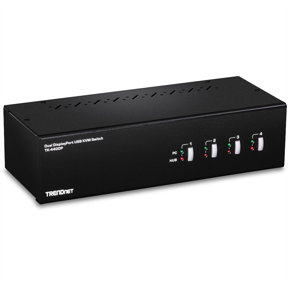 Schwarzer Dual DisplayPort USB KVM Switch mit vier Tasten und LED-Leuchten. Das Wort TRENDnet steht auf der Vorderseite.