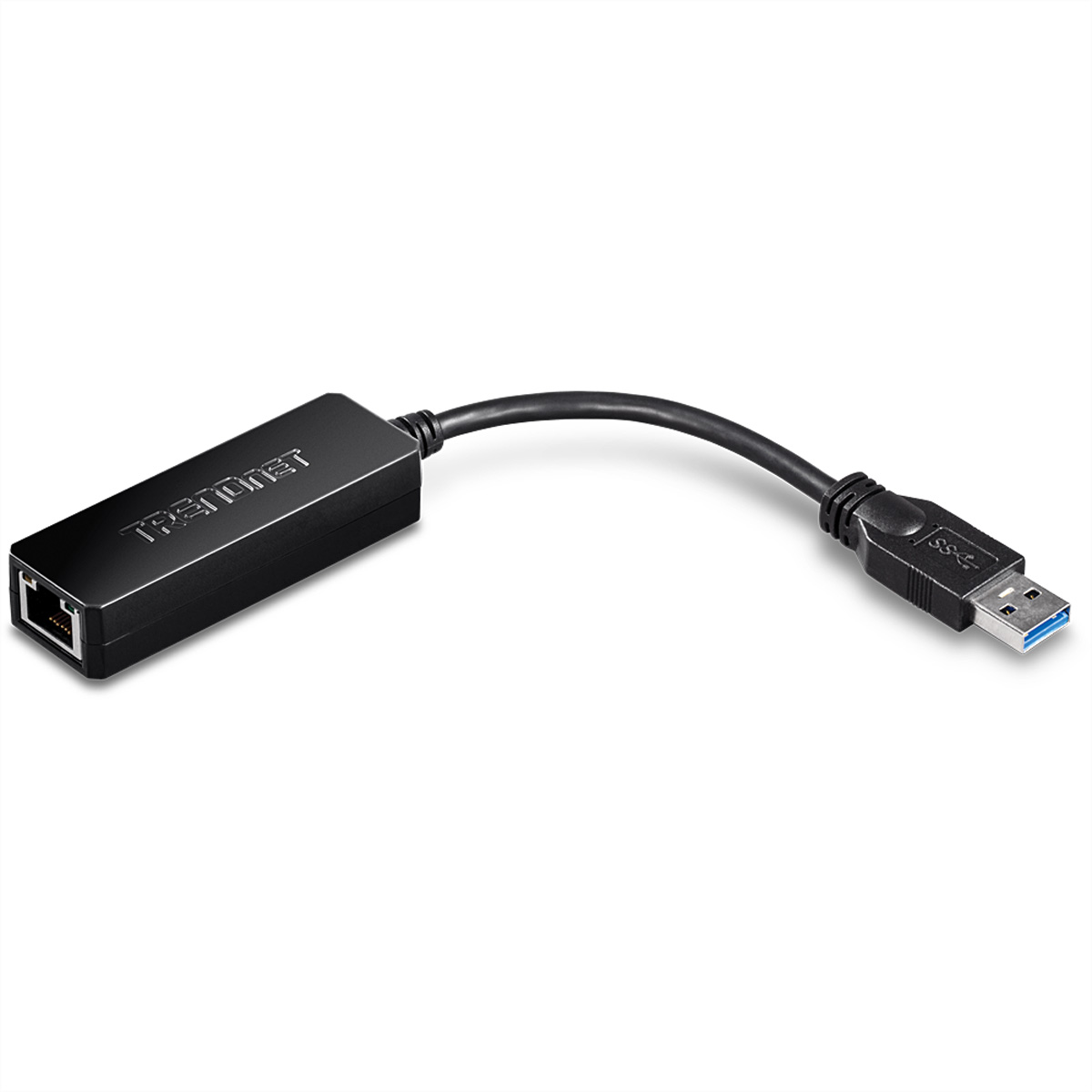 Schwarzer USB-zu-Ethernet-Adapter mit RJ45-Anschluss, Marke TRENDnet und USB-Anschluss.