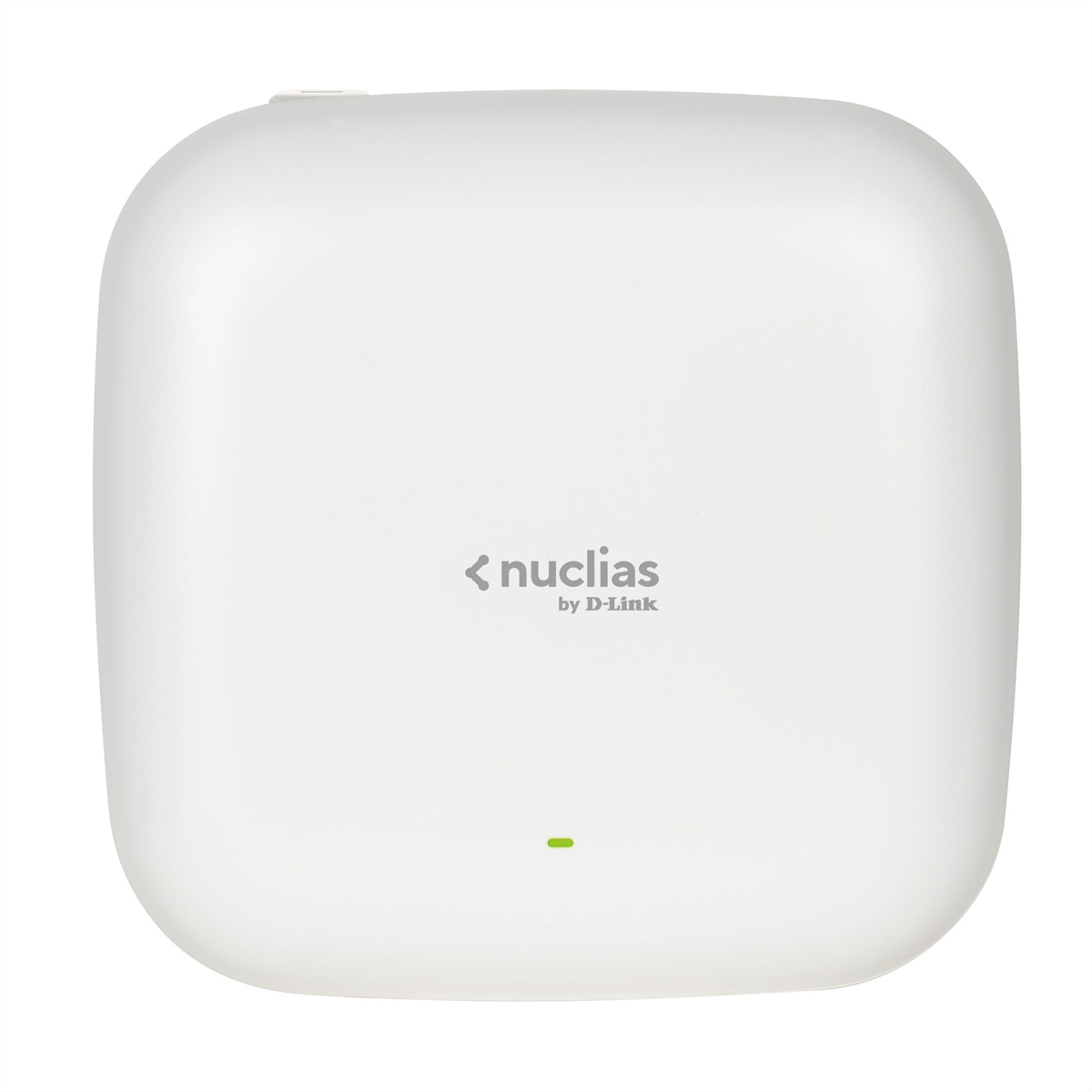Ein weißer D-Link Nuclias Wireless Access Point. Er hat ein kleines grünes Licht.