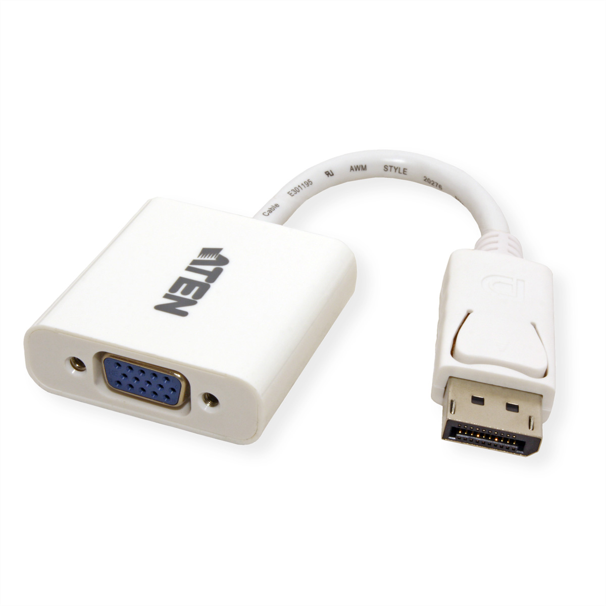 Weißer Adapter mit ATEN-Logo und VGA-Anschluss auf der einen Seite, verbunden mit einem DisplayPort-Anschluss.