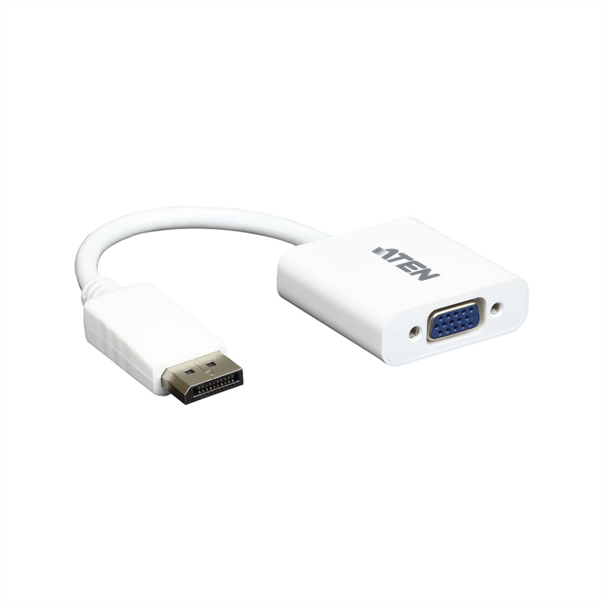 Ein weißes ATEN-Adapterkabel. Es hat einen VGA-Anschluss und einen DisplayPort-Anschluss.