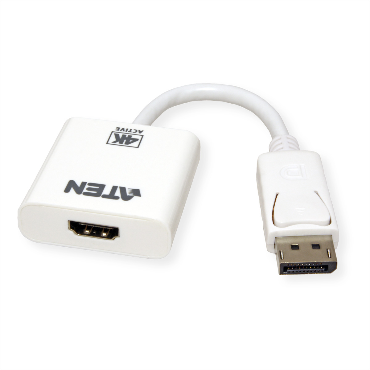 Weißer HDMI-zu-DisplayPort-Adapter mit dem Text: ATEN und 4K ACTIVE.